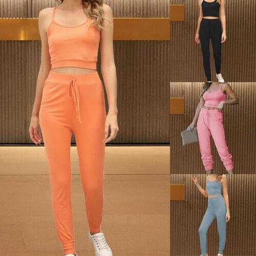 2 piece Solid Color Sling Vest Ladies Tops Tight Slim Fitness Yoga Set Running Push Up Hip Lift Workout Sportswear Sport Suit