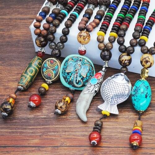 Natural Stone Necklace Nepal Buddhist Wood Long Beads Necklaces Wolf Teeth Tibetan Pendant Statement collier bois for Men Women