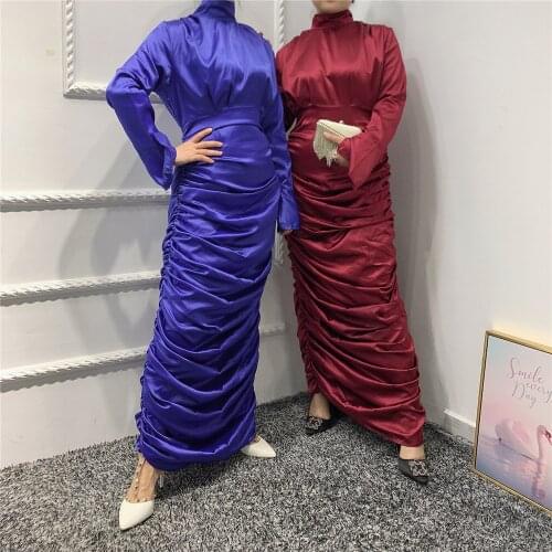 Satin Hijab Dress for Women Ramadan Eid Mubarak Arabic Robe Slim Pleated Turkey Muslim Abaya Dubai Kaftan Islamic Clothing