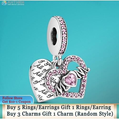 Ahthen 925 Sterling Silver Charm Heart & Mum Dangle Charm fit Original Pandora Bracelets Women Jewelry Making Girl DIY Jewelry