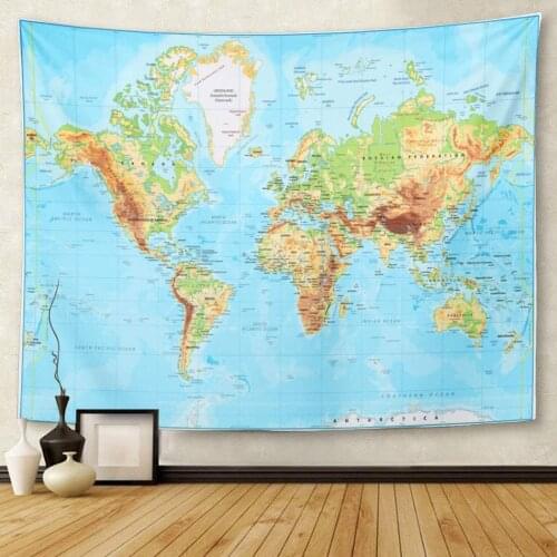 Blue Atlas Detailed Physical World Map with Labeling Green Pacific Asia Tapestry Wall Hanging for Living Room Bedroom Dorm 60x80