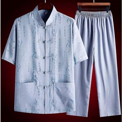 Traditional Chinese Clothing Set Men Tai Chi Kung Fu Uniforms Linen Short Sleeve Embroidery Casual Chinese Costume Cheongsam Top