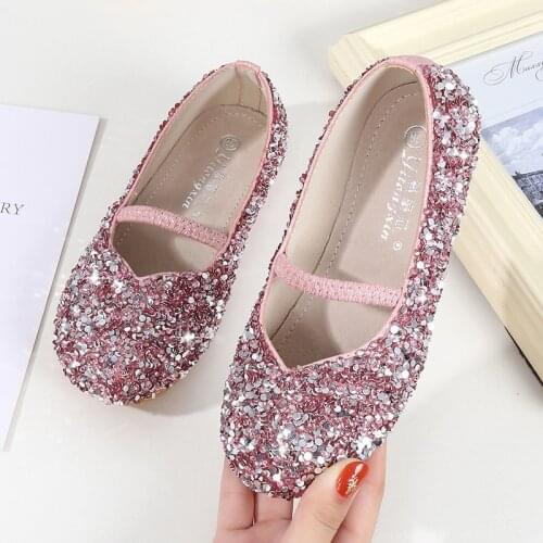 Girls Shoes Kids Leather Shoes Medium Big Children Glitter Princess Flats Pink Silver Color Size 23-36 Simple Elegant Slip-on