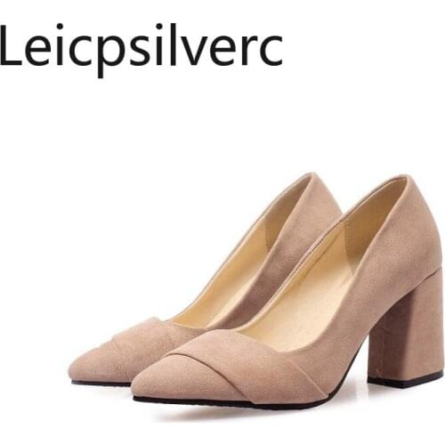 Pumps Spring and autumn new style Flock Pointed Shallow mouth Thick heel mid heel Womens single shoe plus size 33-46