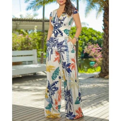 2021 New Summer Holiday Wear Clothes Womens Sexy Tropical Print V Neck Sleeveless Long Jumpsuit Wide Leg Pants Casual Overalls