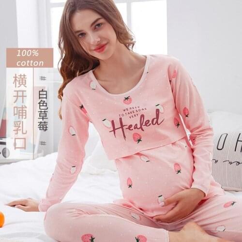 2 pcs Breastfeeding Maternity Pajamas Cotton Maternity Nursing Clothes for Pregnancy Women Long Sleeve Top+Pants Sleepwear Sets