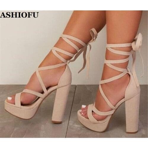 ASHIOFU Handmade Ladies Chunky Heel Sandals Cross Straps Platform Party Prom Shoes Peep-toe Sexy Evening Club Fashion Sandals