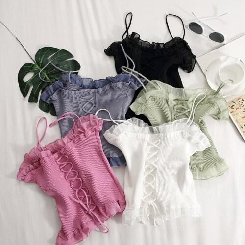 Harajuku Blouse Women Summer Solid Color Cross Strap Lace Stitching Suspender Blouse Haut Femme Bluzki Damskie