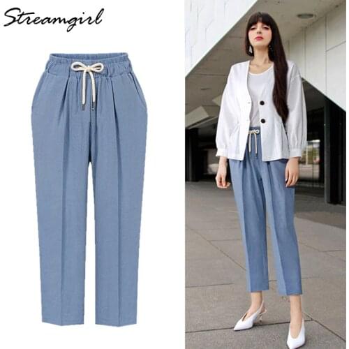 Womens Office Plus Size Pants Capris Big Size Summer High Waist Wide Leg Cotton Harem Pants Women Trousers Loose Pant Female