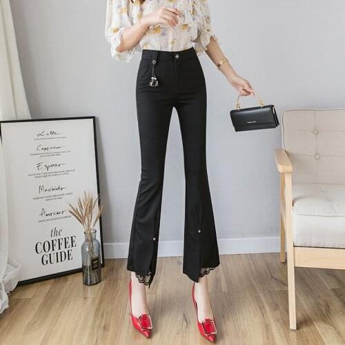 Black Bell Bottom Elastic High Waist Trousers Women Boot Cut Office Lady Ankle-length Flare Pants Female Slim Soft