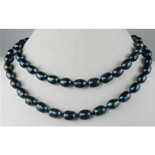 Long 32" 7-8mm Genuine Natural Rice Black Akoya Cultured Pearl Jewelry Necklace