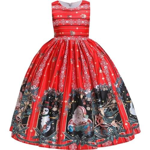 2021 Christmas Girls Party Dress Ankle-Length Cartoon Print Girl Costume Cotton Long Kids Clothes Girls Teenagers 4 6 8 10 12 14