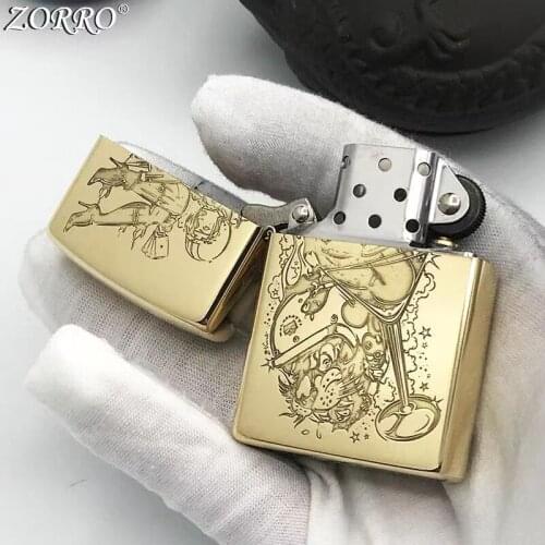 Pure Copper Kerosene Lighter Zorro Brass Fine Carving Classic Locomotive Girl Pattern Outside Tool Men Gift With Original Box