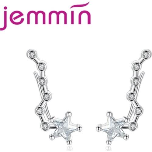 Authentic 100% 925 Sterling Silver Star Serpentine Style Cubic Zirconia Climber Cuffs Earrings Jewelry Women Ear Clips