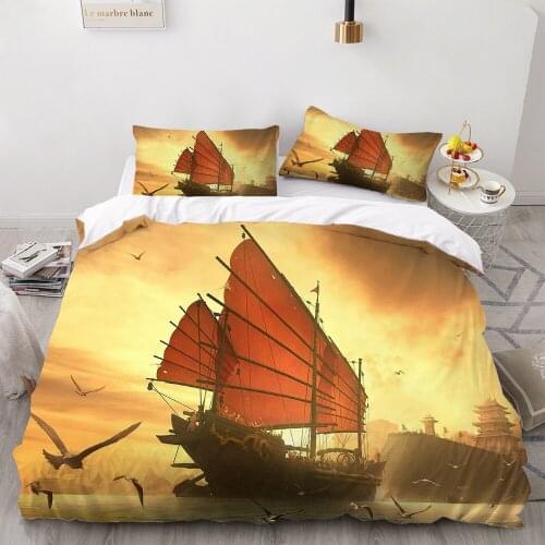 2/3 Pieces Steamship Bedding Set Landscape Duvet Cover The Sea Home Room Sunset Bed Quilt Cover Kids Bedroom Bed Cover Set