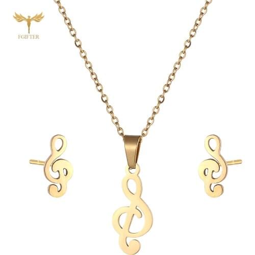 2020 Hot Sale Womens Necklace Earing Studs Fashion Music Note Necklace Ear Studs Golden Stainless Steel Jewelry Set