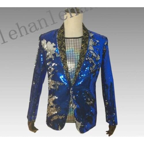 Color changing two-color sequins clothes men suits masculino homme stage costumes singers jacket men blazer dance star style
