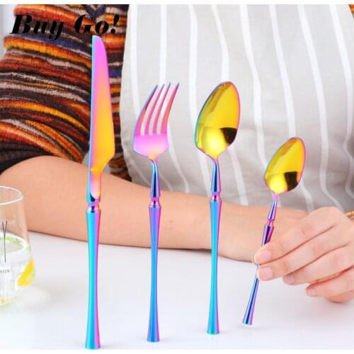 5PCS Stainless Steel Flatware Set Creative Standing Cutlery Set Rainbow Color Dessert Spoon Fork Knife Christmas Gifts Polish