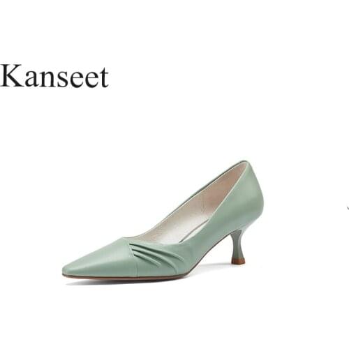 Kanseet 2021 New Women Pumps Spring Autumn Pointed Toes Shallow Mouth Genuine Leather Handmade Fashion Design High Heels