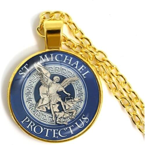 1pcs 25mm Glass Cabochon Necklace Archangel St.Michael Protect Me Saint Shield Protection Charm Russian Orhodox Pendant Jewelry