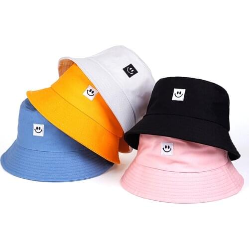 Fashion Women Bucket Hat Candy Colors Smile embroidery Sun Hats Outdoor Sports Travel Beach Caps Fishermen Hats Hip Hop Caps