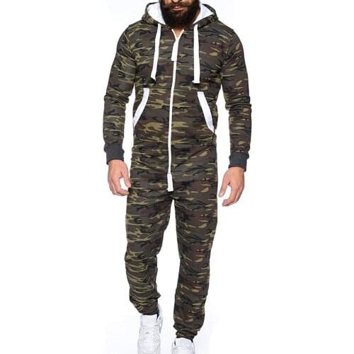 Casual mens Jumpsuits autumn mens Camo hoodies One-piece suit long Overalls pocket Bibs Pants Rompers male hooded Sportswear