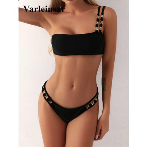 Sexy 2021 One Shoulder Bikini Women Swimwear Female Swimsuit Two-pieces Bikini set Padded Bather Bathing Suit Swim Lady V2854