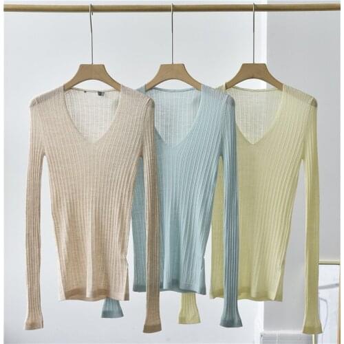 Wen Si Jia ~ T-shirt thin 2021 spring single piece base coat wool cashmere sweater V-neck slim womens wear