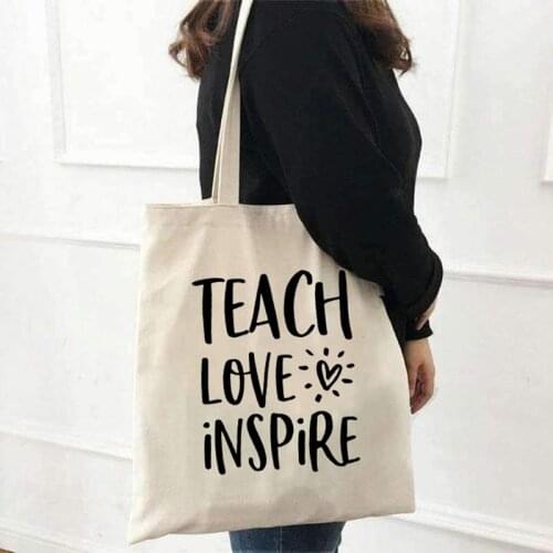 Bags for Women Teach Love Inspire Teacher Life Shoulder Canvas Bag Cotton Shopper Bag Reusable Shopping Bag Grocery Handbag