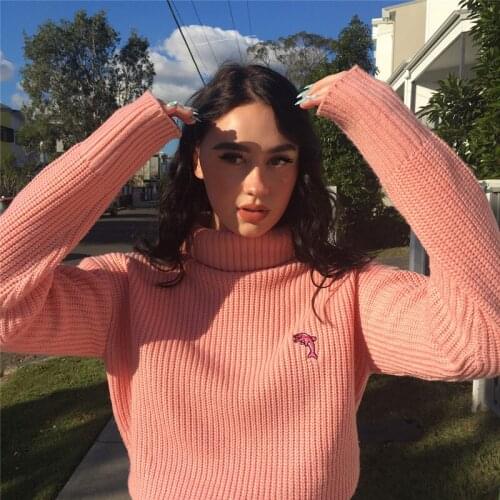 New fall / winter 2019 new girl pink dolphin embroidered loose Pullover high neck sweater