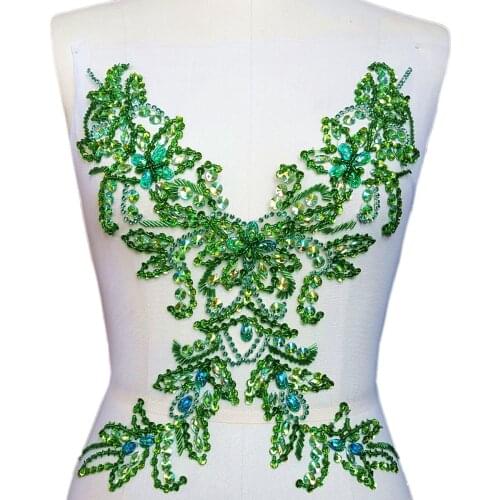 UNIQUE Goddess Beaded Sew on Rhinestones Sequins Applique Crystals Patches Green wedding Emboridery bridal decorative for cloth