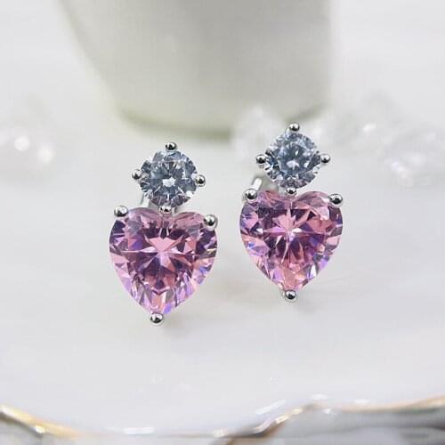 Inspired design new peach heart-shaped double diamond earrings exquisite charm ladies silver jewelry