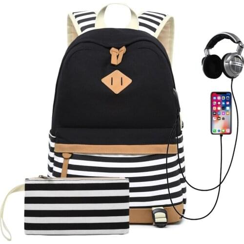 Large Capacity Canvas Women Backpack for Teenage Girls/Boys Striped Casual School Backpack USB with Headphone Rucksack Mochila