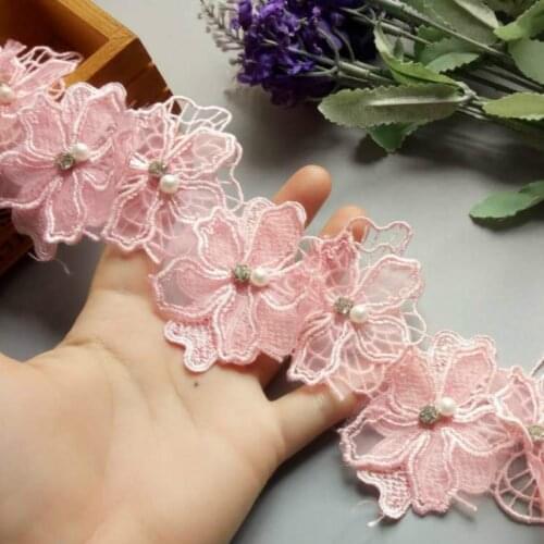 10pcs/lot Pink Pearl Flower Organza Embroidery Fabric Lace Patch Trim Clothes 3D Beading Flower Wedding Dress DIY Applique 8cm