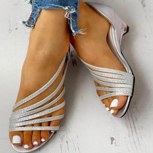 WDHKUN 2020 New Wholesale Wedge Med Heel Sandals Leisure Bling Summer Slip on Gladiator Casual Women Shoes Woman