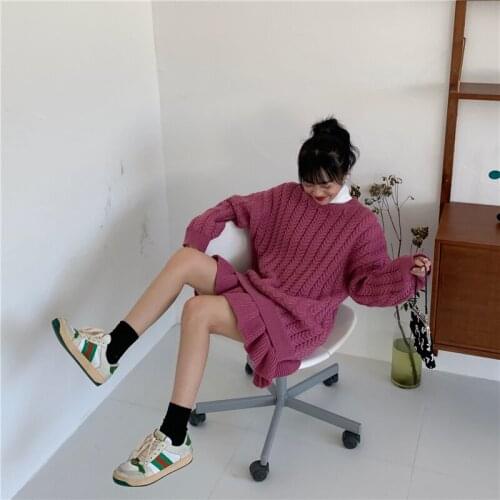 Womens Sweaters Japanese Kawaii Ulzzang Vintage Solid Color Sweet Girl Pink Chic Pullover + Ruffle Cute Skirt Suit For Female