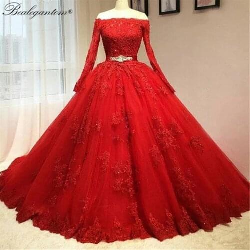 BM Luxury Long Sleeves Red Quinceanera Dresses 2021 Ball Gown Puffy Appliques Crystals Lace Up Sweet 16 Dress Prom Gowns BM421