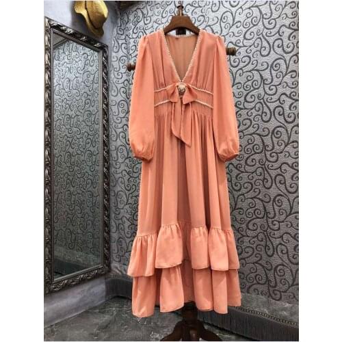 Sexy V-Neck Long Dress 2021 Autumn Fashion Party Vestidos Women Beading Bow Ruffle Floral Deco Lantern Sleeve Long Maxi Dress