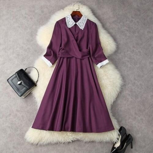 Ladys Dress 2021 Womens Clothing Autumn Contrast Color Lace Turn Down Collar Elegant Purple High Waist Slim A-Line Dress S-XL