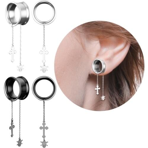 1 Pair Steel Cross Earrings Drop Dangle Ear Plugs Flesh Tunnels Piercing Skull Pendant Ear Gauges 0g-16mm Women Men Punk Oreja