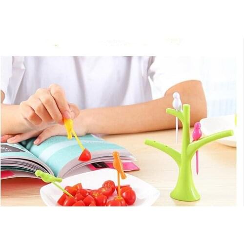 6pcs/lot New Bird Tree Fruit Fork Set 1 Tree Branches 6 Forks Party Snack Dessert Cake Fruit Toothpick Kitchen Gadgets KX 017
