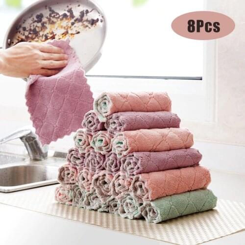8PCS Microfiber Kitchen Towel Absorbent Dish Cloth Non-Stick Oil Washing Kitchen Rag Household Tableware Cleaning Wiping Tools