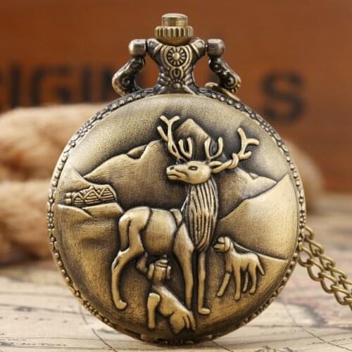 Bronze Retro Carved Elk Deer Quartz Pocket Watch Necklace Pendant Chain Clock Simple Round Dial 2021 New Arrivals Souvenir Gifts