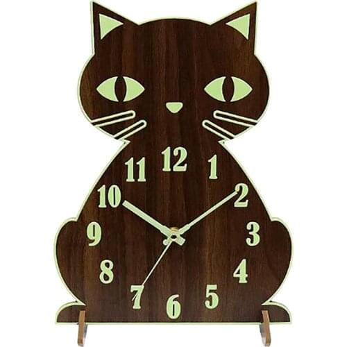 Cute Cat Quartz Clocks Wooden Quiet Non-Ticking Clock Fashion Europe Luminous Wall Clock Durable For Living Room/Classroom