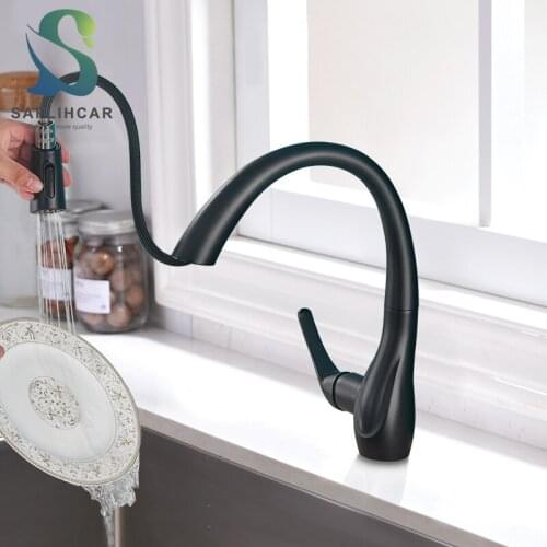 Black Kitchen Sink Faucet 360 Degree Rotating Spray Hot and Cold Water Mixer Taps Deck Installation Kitchen Faucet