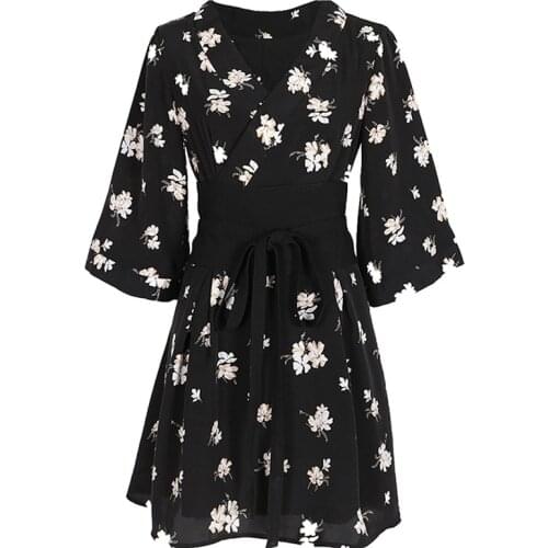 Gothic Women Black Party Dress Irregular Dress Kawaii Lace Ruffles Floral Tighten Waist Design Dress V Collar Lolita Princess