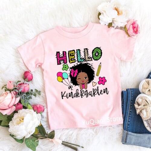 Hello Kindergarten Little Melanin Princess Print Black Girl T Shirt Pink Tshirt Baby Children Kids Student Gift Clothes T-Shirt