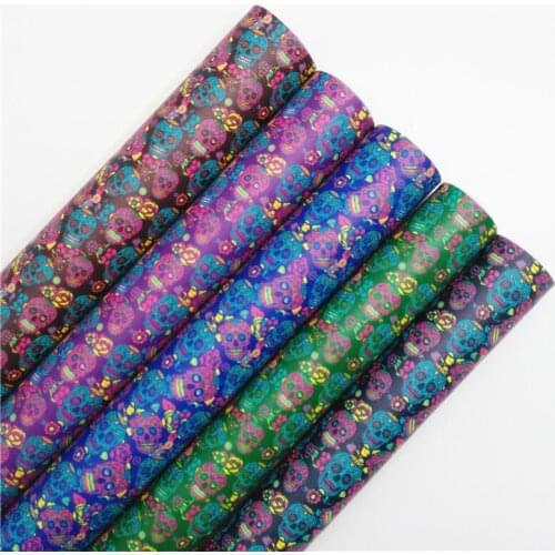 Halloween Skulls Printed Synthetic Faux Leather Vinyl Fabric Sheets with Felt Backing Leather for Bows Earrings 21X29CM T557B