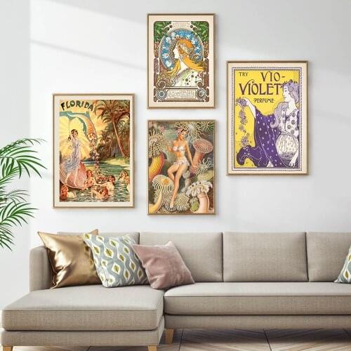 Art Nouveau Bathroom Poster French Violet Perfume Print Advertising Submarine Marine Life Canvas Painting Modern Bathroom Decor