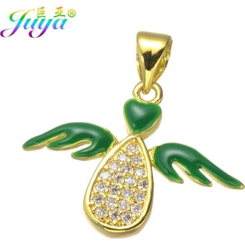 Juya DIY Jewelry Findings Supplies Micro Pave Zircon Enamel Green Angel Wing Charms Pendant For Women Charms Jewelry Making